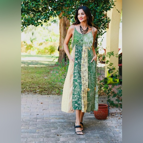 Fair trade botanical floral patchwork Green Yellow Vegan A Line Maxi Boho Dress - Picture 1 of 7